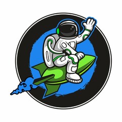 Cartoon style vector astronaut, riding the rocket, vector space logo concept.