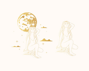 Celestial goddess against the background of the starry sky, clouds and planet. Golden female  vector isolated set in boho style. Line art design elements for greeting card or poster.