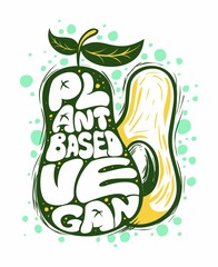 Funny, cartoon style avocado illustration, vegan t-shirt design, vegan vector image, isolated on white background.