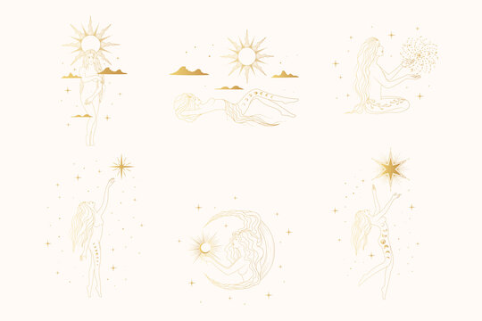 Celestial women  vector boho illustrations. Golden set of goddesses silhouettes against the backdrop of the starry sky, the sun, clouds and the moon. Line art elements for greeting card and posters.