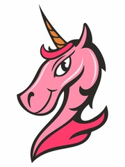 Vector pink unicorn funny cartoon character, isolated on white background.