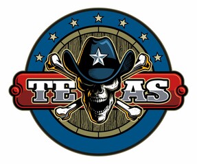 Vector human skull in cowboy hat, with the crossbones and wooden barrel on background, southern, texas logo design concept.
