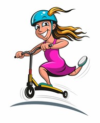 Girl riding a stunt scooter, funny girl vector illustration, cartoon character, isolated on white background.