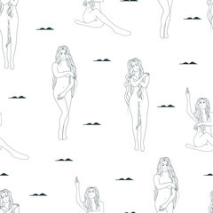 Graceful long-haired female in different poses .    Women line art  vector illustration seamless pattern . Boho  linear drawing for for wrapping paper,  cards, wallpapers, banners.