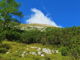 View of mountain Veliki Draski vrh in Triglav national park and Julian alps in Slovenia and an...