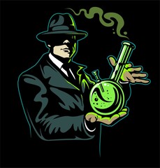 Man in a business suit and hat, holding the bong for smoking weed.