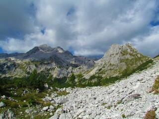 Fototapeta na wymiar Scenic view of alpine landscape in Triglav national park and Julian alps in Gorenjska region of Slovenia with mountain Triglav in the background