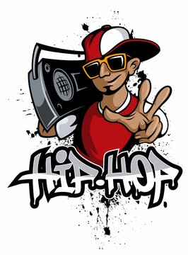 Cartoon Style Guy, Man In The Baseball Cap With The Boombox. Rap Battle Vector Concept, Isolated On White Background.