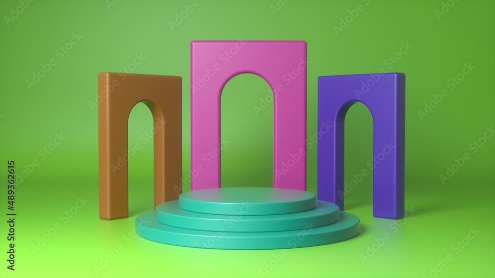 Poster empty green cylinders podium on multicolored arch and green background. minimal mockup for product p