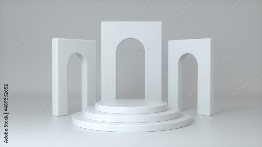 Poster empty white cylinders podium on arch and dark grey background. minimal mockup for product presentati