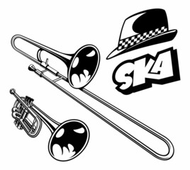Ska style set, musical brass instruments, isolated on white background.