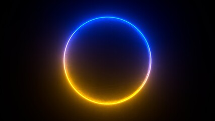 Abstract neon background with glowing blue orange ring on dark background. Empty glowing techno backdrop. Luminous swirling. Floor reflection. Frame, circle, ring shape, empty space. 3D illustration