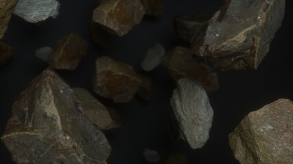 Rocks set on grey dark background. Fly rocks pieces background. 3d rendering