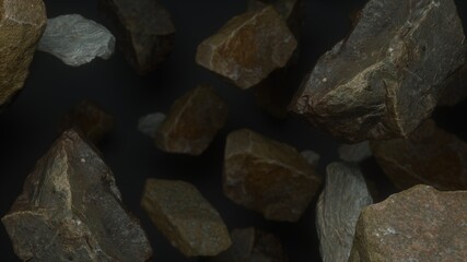 Rocks set on grey dark background. Fly rocks pieces background. 3d rendering