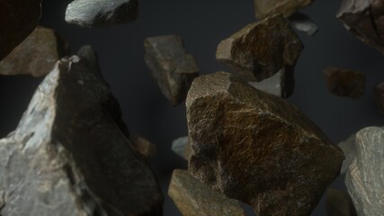 Fototapeta premium Rocks set on grey dark background. Fly rocks pieces background. 3d rendering