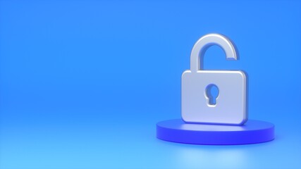 Metal sign of an open lock on a dark blue podium on a blue background. The concept of protection, information, data. 3d rendering