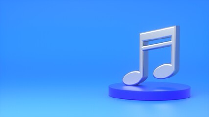 Metal sign of a musical note on a dark blue podium on a blue background. The concept of music, sounds, melodies, sound design. 3d rendering
