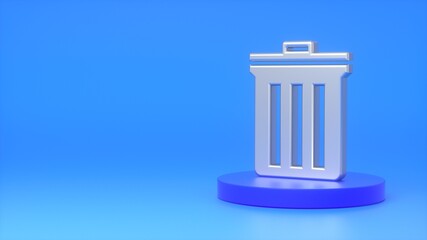 Metal sign of the trash bin on a dark blue podium on a blue background. The concept of disposal, garbage collection, eco, environment. 3d rendering