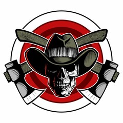 Vector human skull image with the cowboy hat and two crossed throwing axes, skull logo design concept.