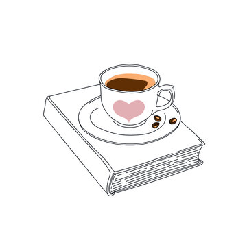 Book and Cup of Coffee line art illustration, Pink heart, black and white icon