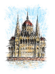 The Hungarian Parliament Building, the Parliament of Budapest. Hand drawn illustration.