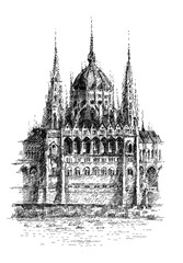 The Hungarian Parliament Building, the Parliament of Budapest. Hand drawn illustration.