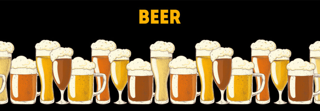 Beer glasses. Pub or bar menu design template. Horizontal seamless background. Hand drawn vector illustration.