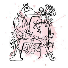 Letters A Drop Caps. Vector hand-drawing letter. Fabulous ornament with a bird. Black outline. Transparent background.