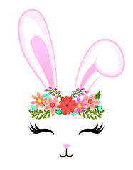 Bunny with floral headband wreath  - Cute rabbit drawing. Funny calligraphy for spring holiday, Easter egg hunt. Good for advertising, poster, announcement or greeting card. Beautiful bunny princess