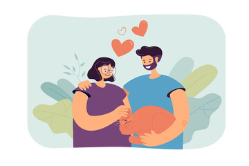 Young couple holding cat flat vector illustration. Cute man and woman getting pet, hugging, stroking sleeping kitten, enjoying life. Love, family concept for banner, website design or landing web page