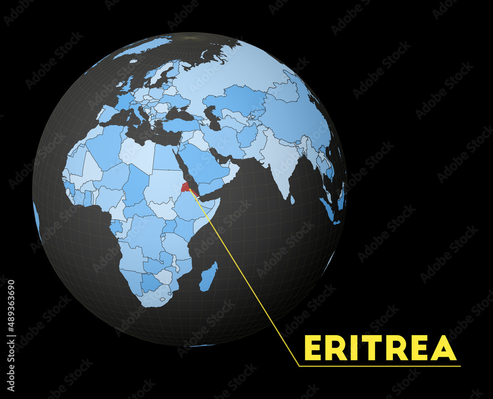 Poster eritrea on dark globe with blue world map. red country highlighted. satellite world view centered to