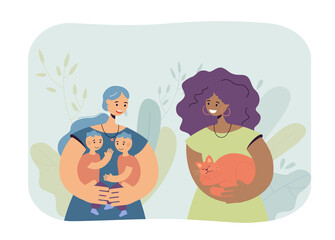 Two women holding kids and cats flat vector illustration. Cute female pet lover and mother talking, taking care of babies. Care, love concept for banner, website design or landing web page