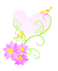 pink flowers, heart and spring birds