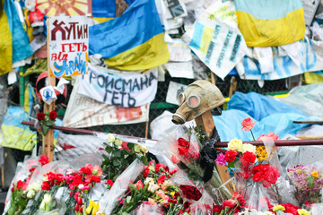 Kyiv, Ukraine - 6th of March, 2014: Memorial with candles and posters on Maidan. Ukrainian war with Russia. High-quality photo