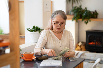 Elderly woman counts money and pays bills