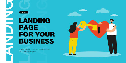 Man and woman holding giant heart and key together. Flat vector illustration. Woman opening heart with keyhole, which man holding in hands. Love, romance, relationship, family concept for design