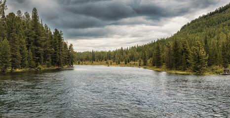 Panorama of wild northern nature with coniferous forests and a calm quiet river. A great place for fishing or hunting or hiking