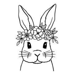 Cute Rabbit Line Art. Bunny with Flower Crown. Easter Bunny. Bunny sketch vector illustration. Good for posters, t shirts, postcards.