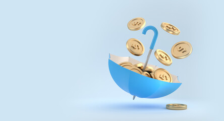 Umbrella full of golden coins with dollar sign. Upside-down blue umbrella. Money collecting concept.