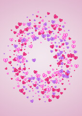 Lilac Heart Background Pink Vector. Drop Frame Confetti. Red Abstract Illustration. Violet Confetti February Texture. Purple Birthday Backdrop.