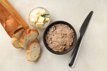 Concept of tasty food with pate, top view