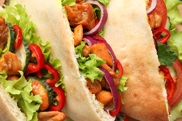 Concept of tasty food with pitas with chicken meat