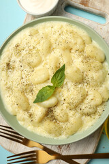 Concept of tasty food with gnocchi, top view