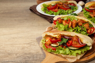 Concept of tasty food with pitas with chicken meat