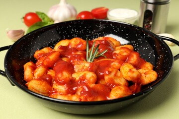 Concept of tasty food with gnocchi, close up