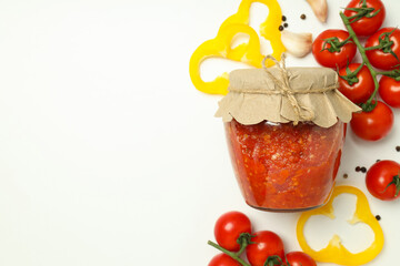 Concept of tasty food with adjika, space for text