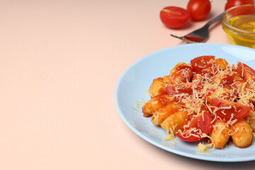 Concept of tasty food with gnocchi, space for text