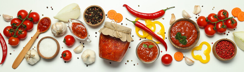 Concept of tasty food with adjika, top view