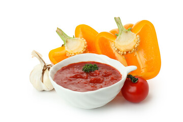 Concept of tasty food with adjika isolated on white background