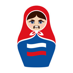Aggressive russian matryoshka doll icon vector. Evil matryoshka with russian flag vector. Angry russian nesting doll vector. Matryoshka babushka icon isolated on a white background